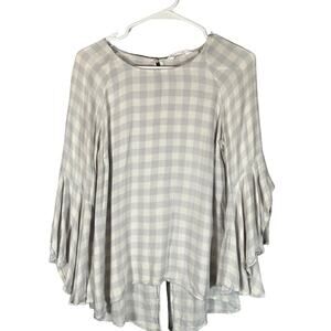 Lauren Conrad Women’s Blue White Checkered Plaid Long Angel Sleeve Blouse Sz Sm